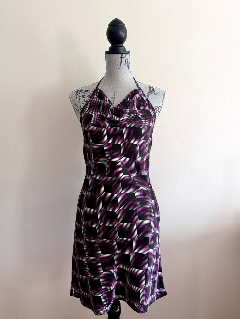 Y2K Purple Geometric Cowl Neck Backless Halter Dress